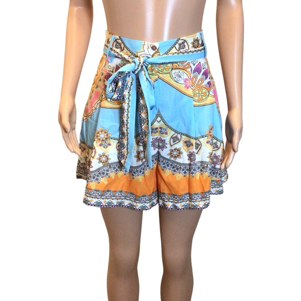 Flying Tomato High-Waist Printed Tie-Belt Shorts in Blue, Orange, White - Picture 2 of 9